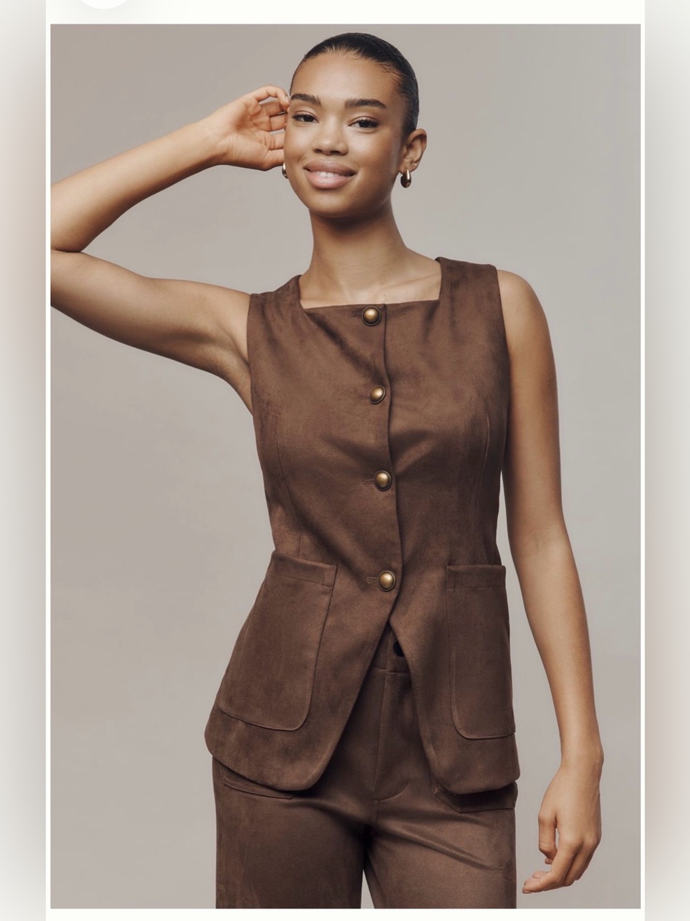 NWT Anthropologie Sleeveless Brown Button-Front Suede Vest L